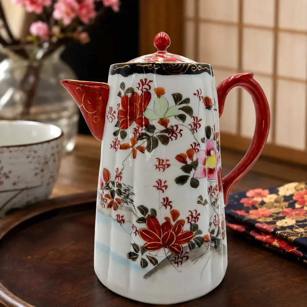 Japanese Style Porcelain Teapot Red Floral Gold Accents Lidded Small Tea Pot